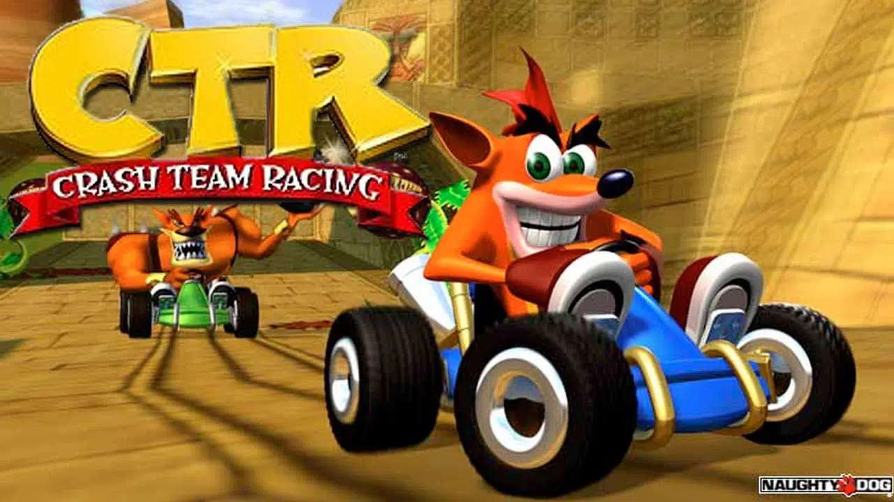 Crash e Tiny Tiger correndo em karts em Crash Team Racing