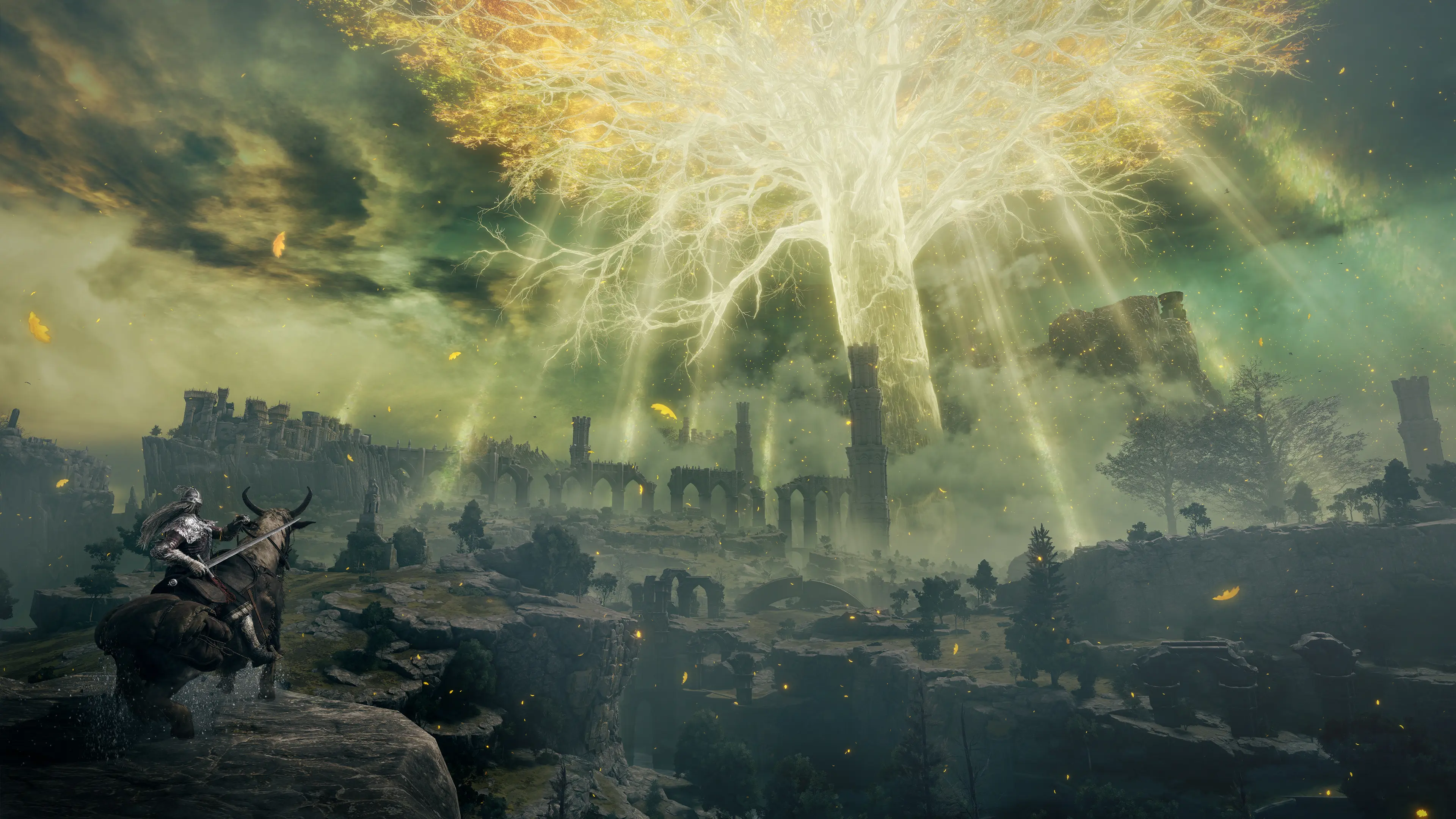 Imagem de capa do jogo Elden Ring com o protagonista olhando o horizonte e uma grande árvore brilhante ao fundo