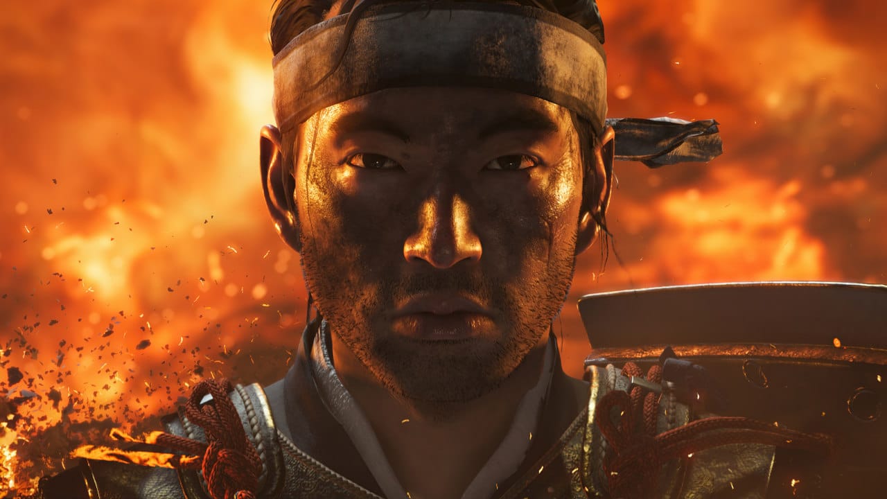 Imagem de capa do protagonista Jin Sakai no artigo do filme de Ghost of Tsushima com fogo atrás