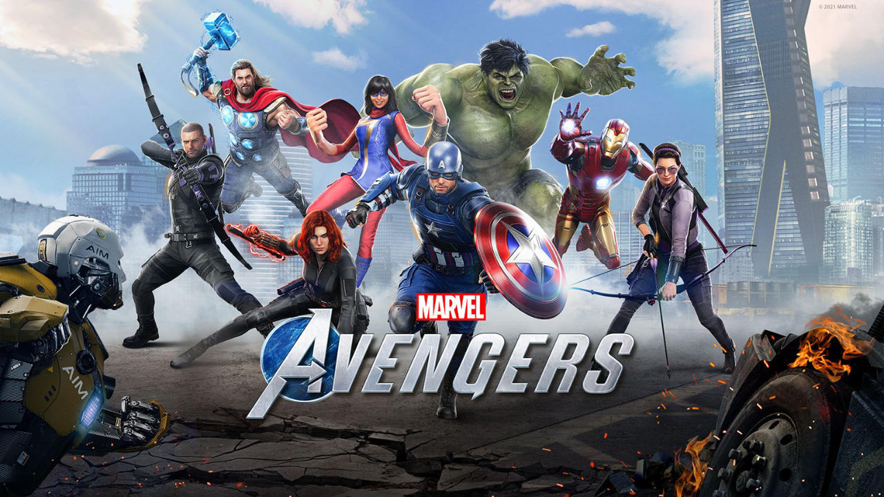 Imagem de capa de todos os heróis do jogo Marvel's Avengers fazendo posição de luta e com a logo do game em destaque