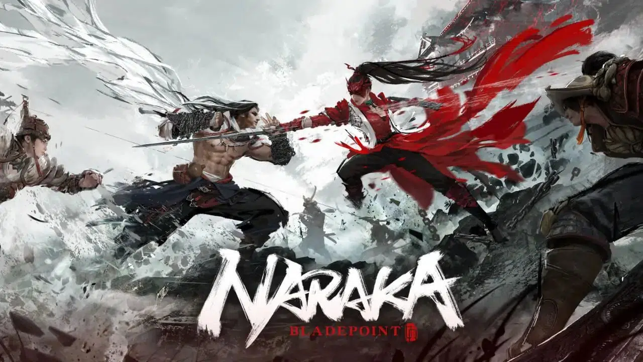 Naraka Bladepoint - guerreira de vermelho e lutador sem camisa lutando cercados de inimigos