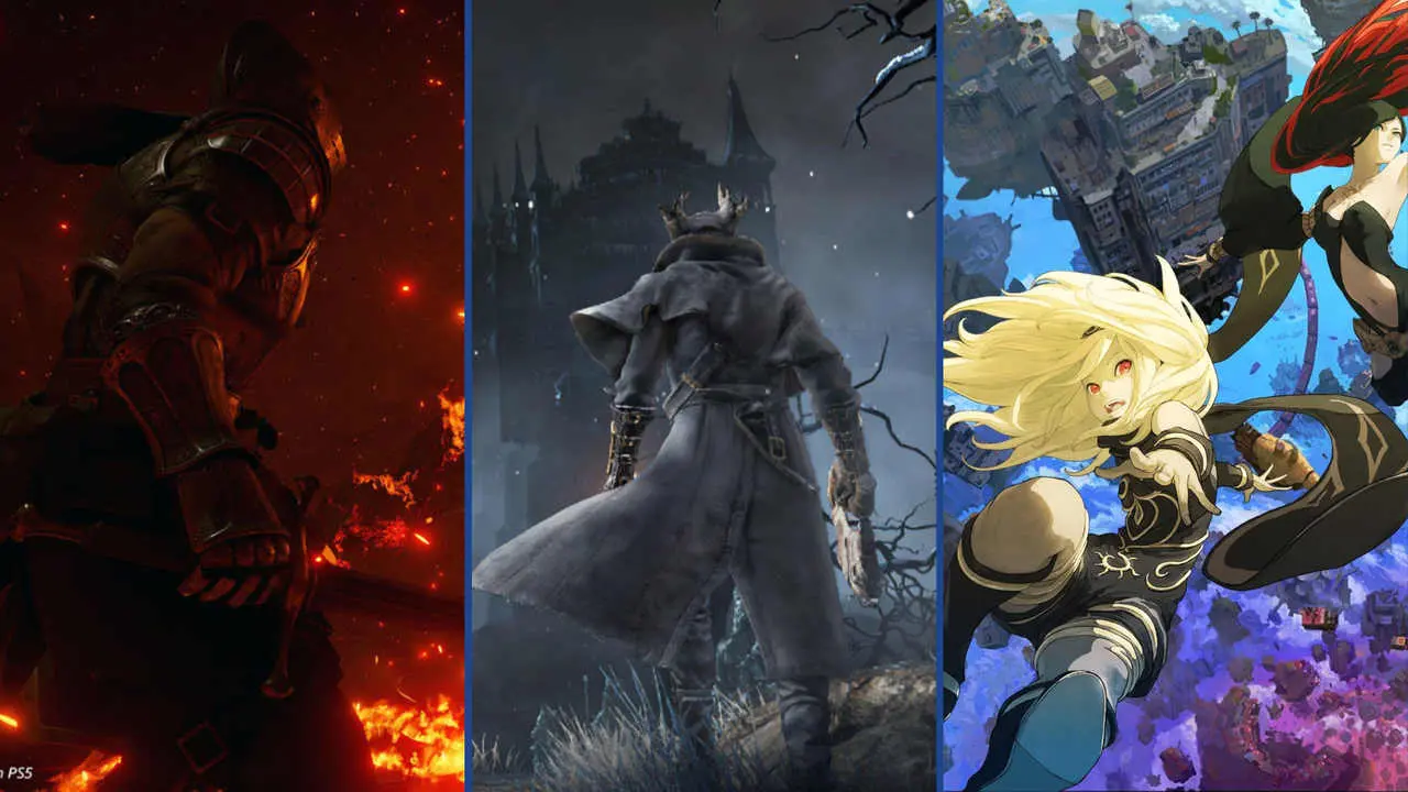Imagem de três jogos que a SIE Japan Studio trabalhou: Demon's Souls, Bloodborne e Gravity Rush