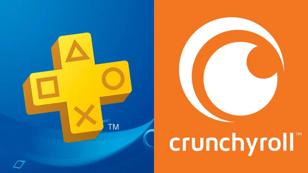 Imagem de capa da matéria sobre a possibilidade de Crunchyroll no PS Plus com as logos dos serviços em destaque