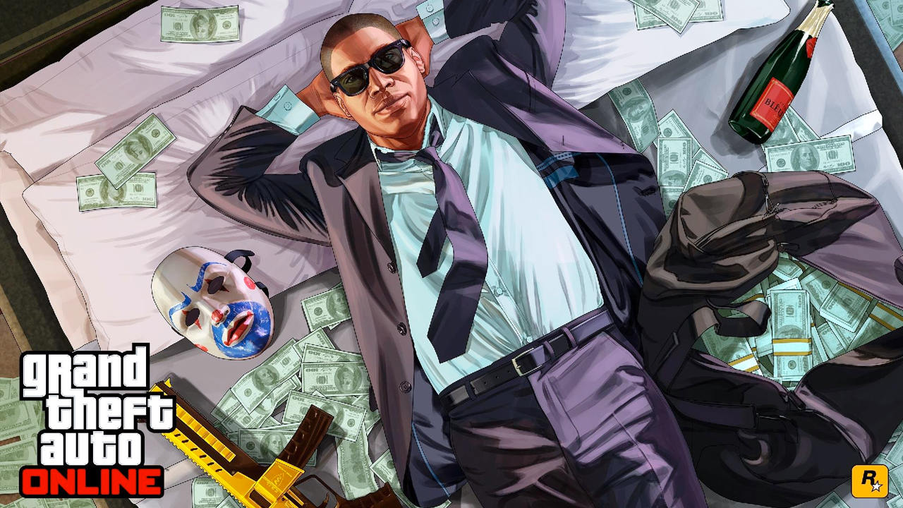 Imagem de capa do jogo GTA Online com um personagem de óculos escuros deitado em uma cama com dinheiro em sua volta