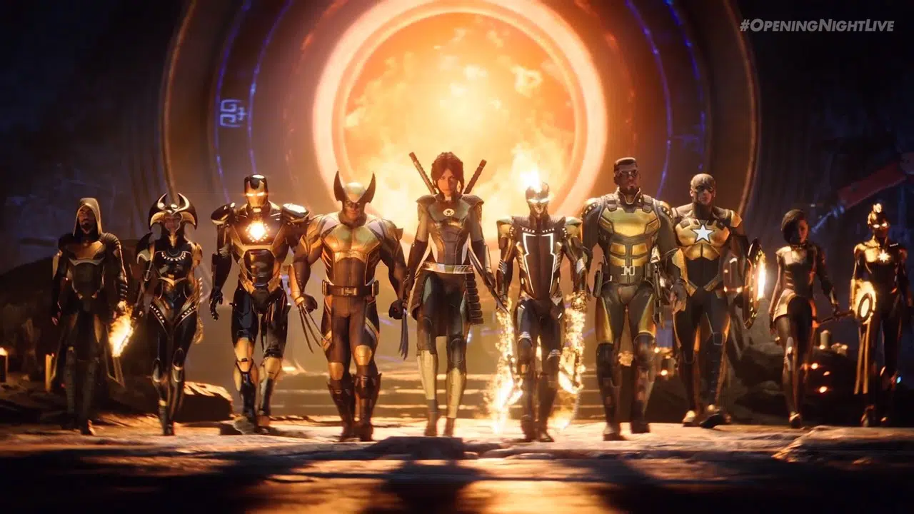 Imagem de capa do jogo Marvel's Midnight Suns com o elenco de personagens perrfilados