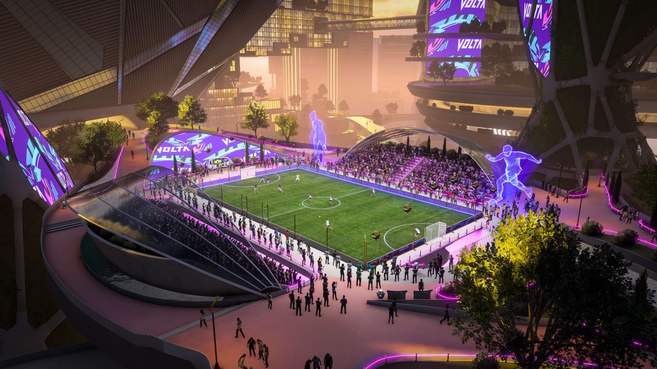 O que a EA precisa melhorar para a chegada do EA Sports FC? 7 Imagem de capa do modo VOLTA Football de FIFA 22 com um estádio em destaque