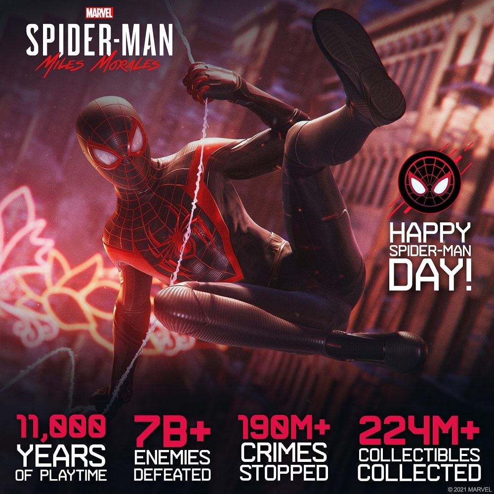 Personagem Miles Morales em primeiro plano e, na parte inferior da imagem, algumas estatísticas de Marvel's Spider-Man Miles Morales
