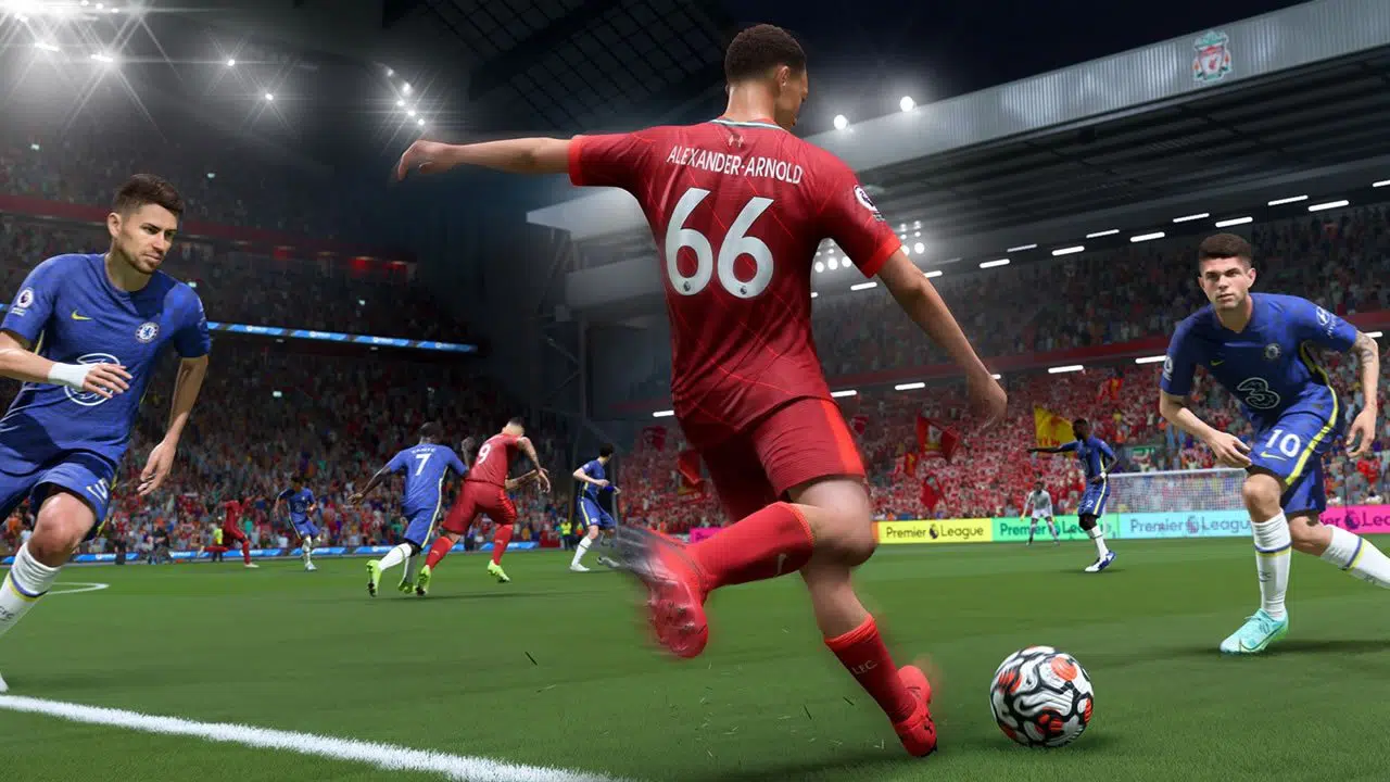 Alexander-Arnold, lateral do Liverpool, chuta a bola em FIFA 22