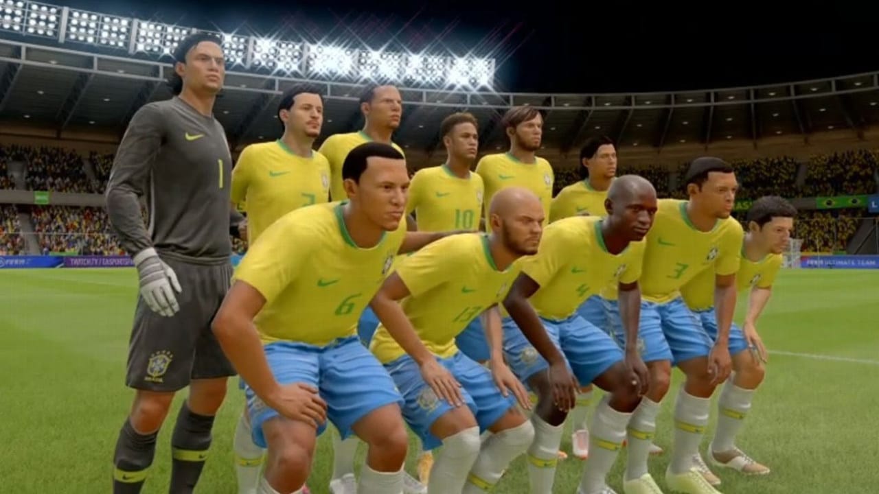 Imagem de capa do artigo de clubes brasileiros em FIFA 22 genéricos com a seleção brasileira com jogadores também genéricos