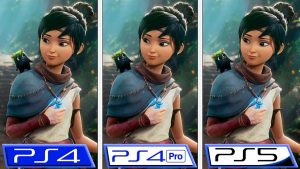 Compare como Kena: Bridge of Spirits está rodando no PS4, PS4 Pro e PS5