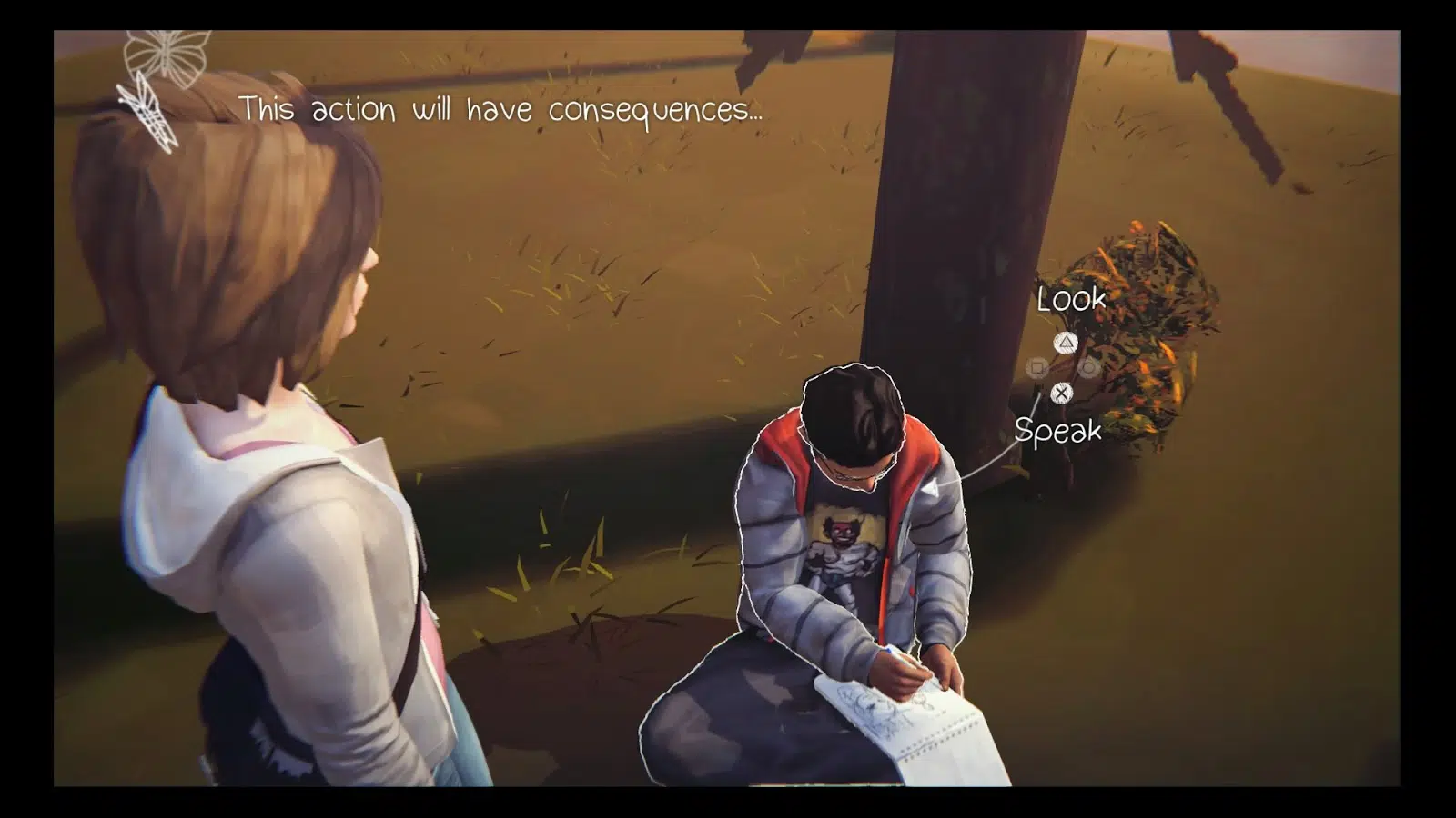 Cena do jogo Life is Strange que mostra a personagem Max olhando de cima para um garoto