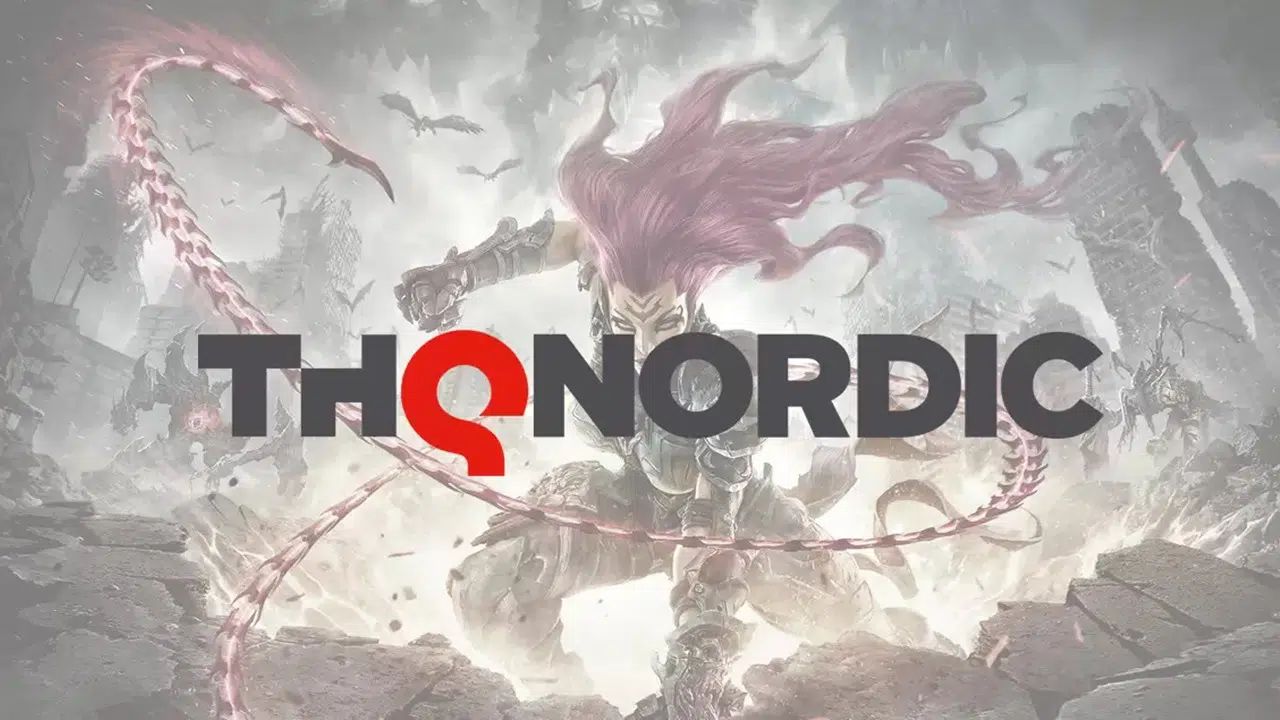 Personagem do jogo Darksiders escrito THQ Nordic ao meio.