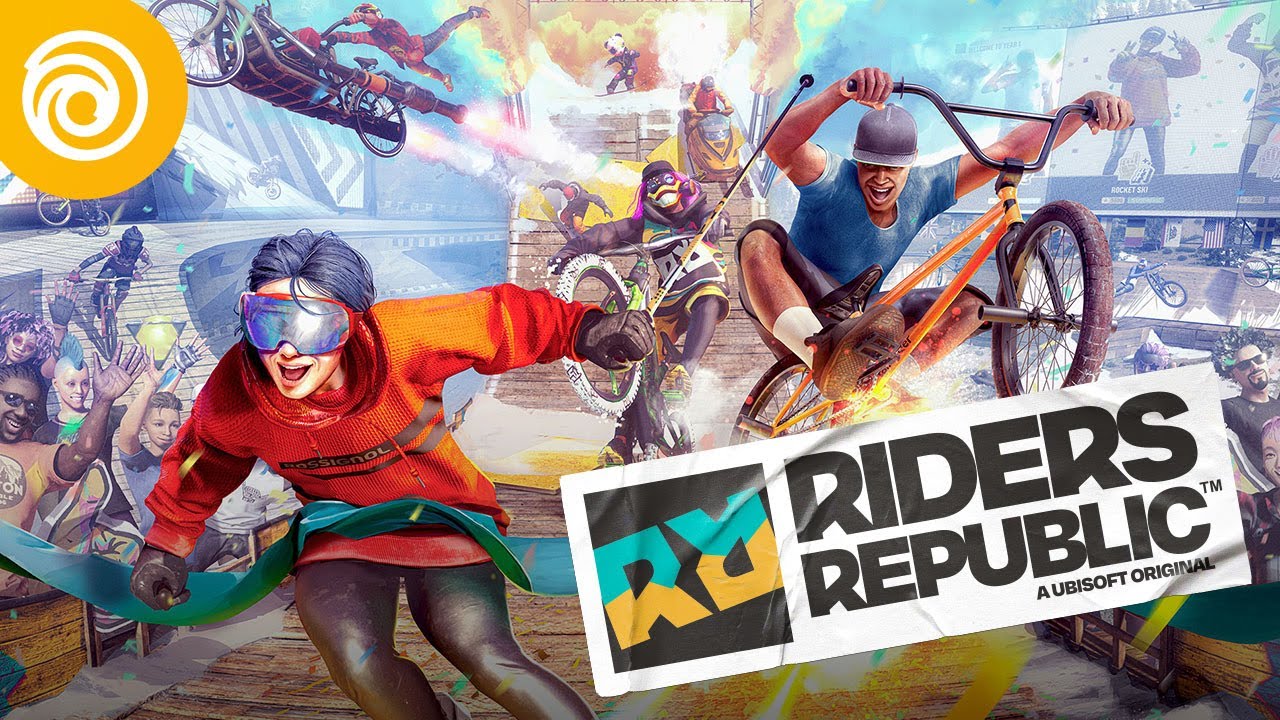 Imagem de capa do artigo de Ano 1 de Riders Republic com diversos atletas de esportes radicais no fundo e a logo do game ao lado
