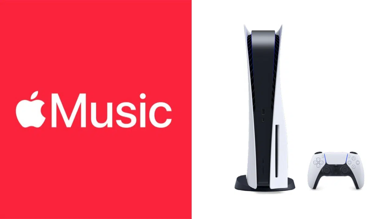Imagem de capa do artigo de Apple Music no PS5 com a logo do streaming de um lado e o console do outro