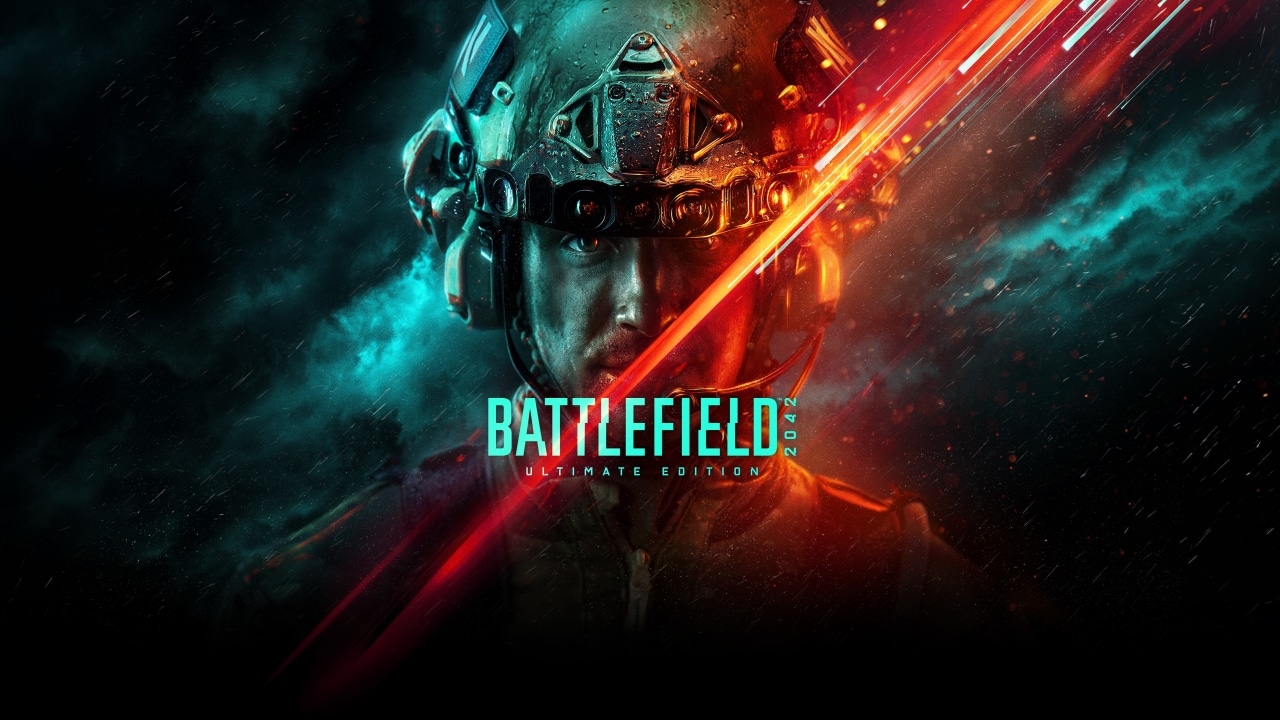 Imagem promocional do jogo Battlefield 2042 que mostra um soldado olhando para frente
