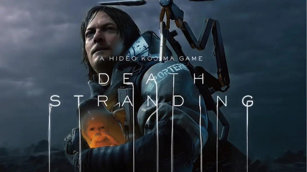 Imagem de capa do jogo Death Stranding com o protagonista em destaque a logo do game no centro