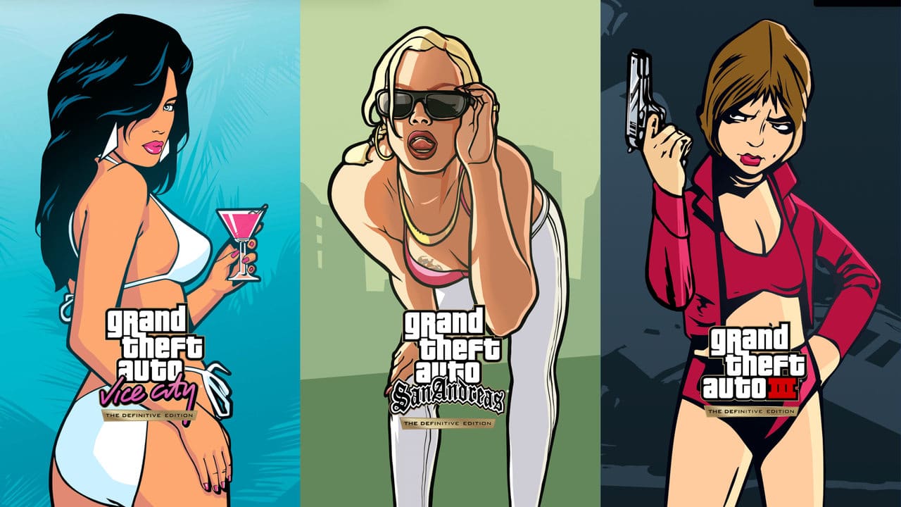 Imagem de capa da GTA: The Trilogy — The Definitive Edition com as capas de cada jogo da coletânea