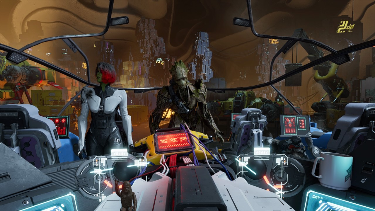 Peter no comando da espaçonave Milano, junto de Gamora e Groot em Guardiões da Galáxia da Marvel