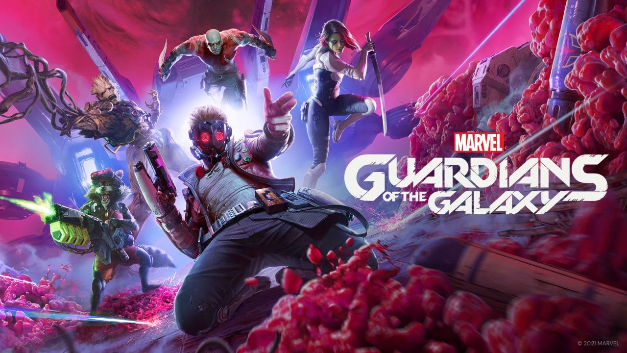 Star Lord, Rocky, Drax, Gamora e Groot em Marvel's Guardians of the Galaxy