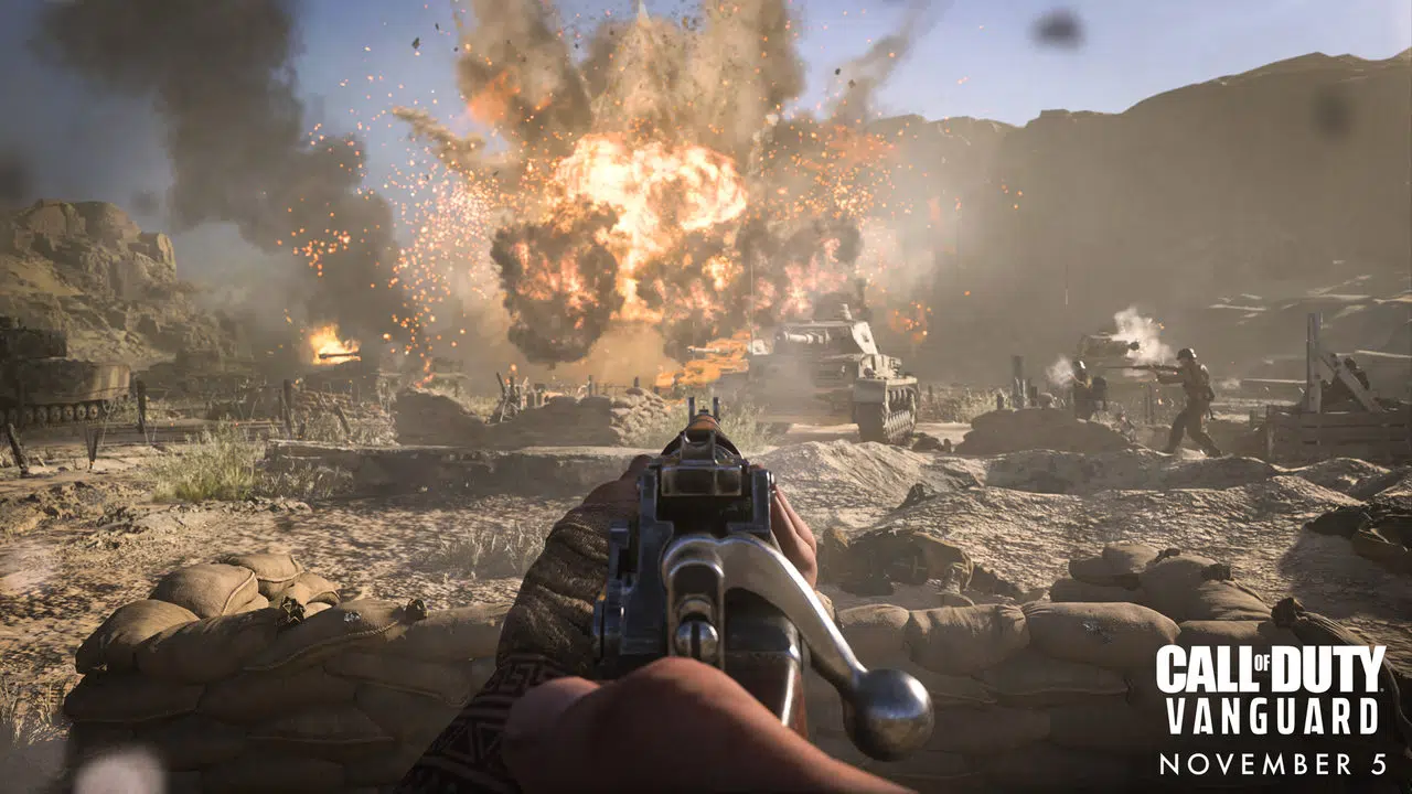 Imagem de capa do artigo do Novo sistema anti-cheat de Call of Duty com uma captura de Call of Duty: Vanguard de uma arma apontada para um cenário com explosão