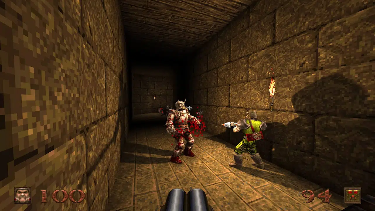 Imagem de capa do Remaster de Quake com uma arma apontando para um inimigo