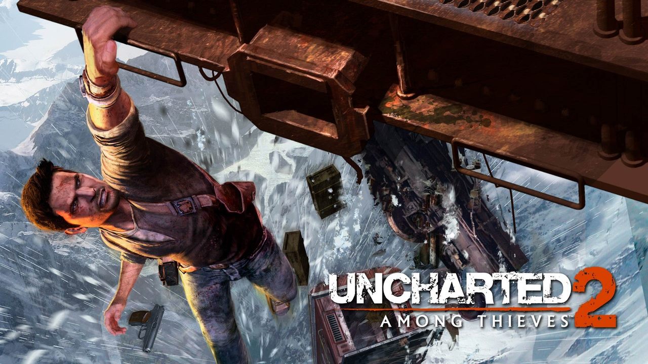 Imagem de capa do jogo Uncharted 2 com o protagonista Nathan Drake se segurando em um trem para não cair