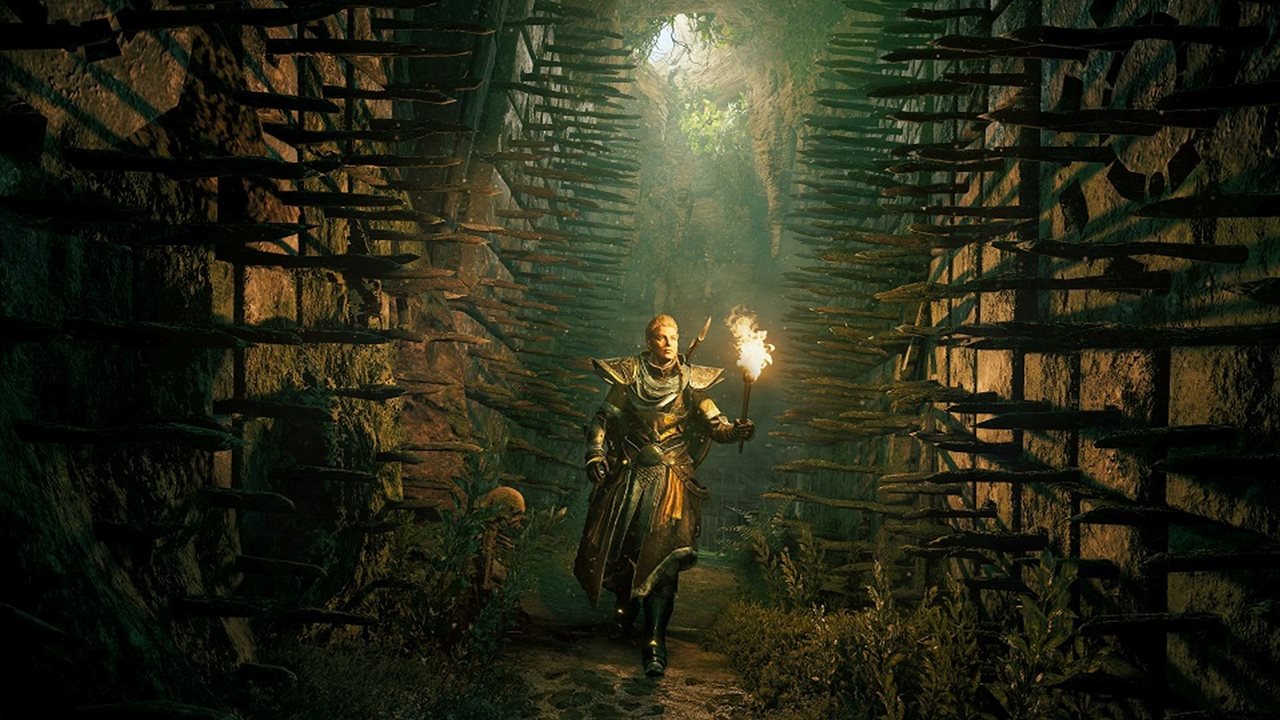 Personagem explorando as tumbas de Assassin's Creed Valhalla.