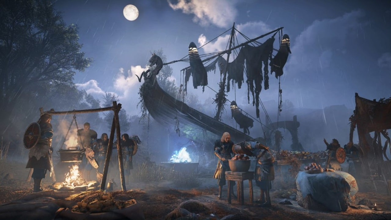 Guerreiros vikings perto de um barco em Assassin's Creed Valhalla