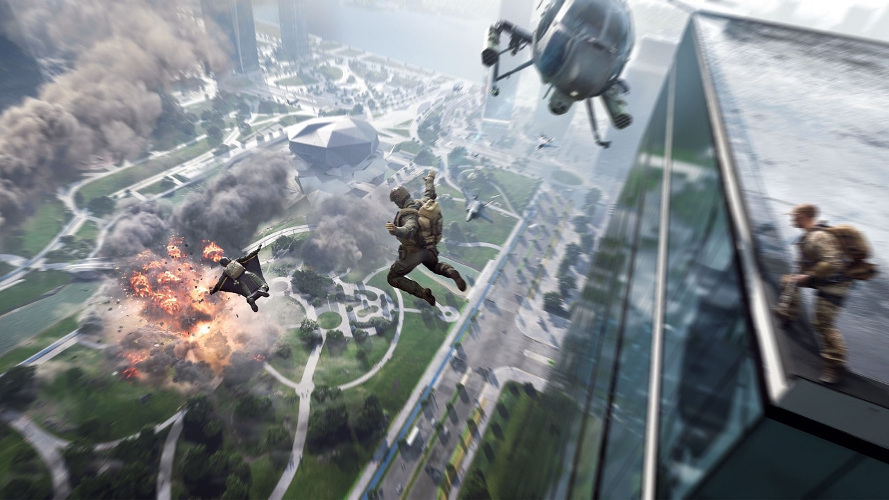 Cenário em explosão com soldados caindo de prédios do jogo Battlefield 2042, imagem do jogo utilizado para ilustrar os problemas de Battlefield 2042