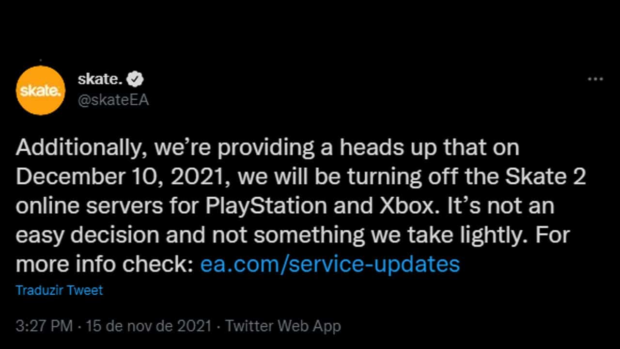 EA fechará servidores de Skate 2