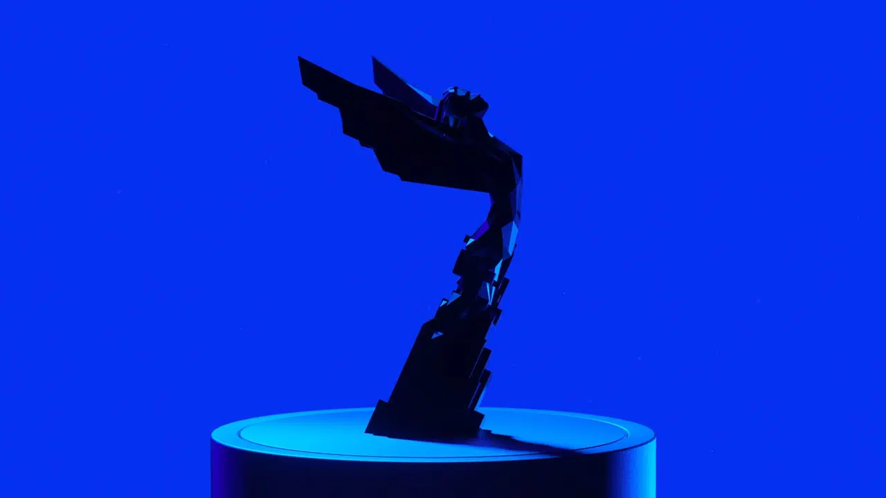 Estatueta do The Game Awards 2021 com fundo azul