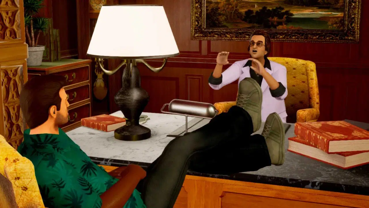 Tommy Vercetti conversando com Ken Rosenberg em GTA The Trilogy.