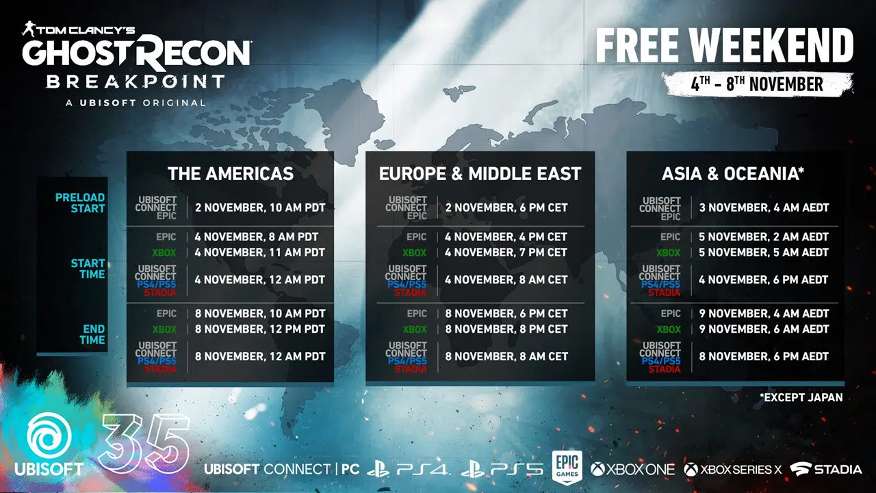 Tabela de horários Ghost Recon Breakpoint.