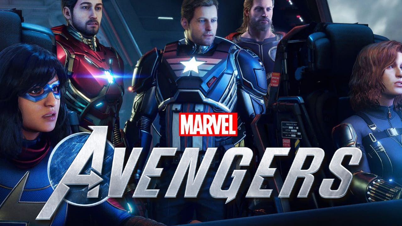 Capitão América, Kamala Khan, Viúva Negra, Iron Man e Thor em Marvel's Avengers