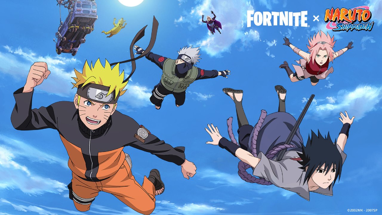 Parceria Naruto e Fortnite - Naruto e seus amigos pulando na ilha em Fortnite