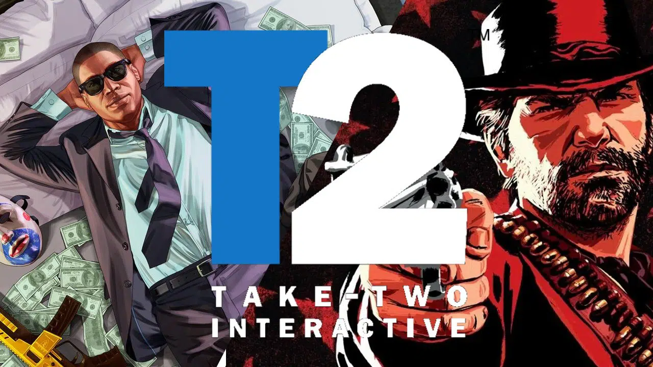 Simbolo da Take-Two com personagens de GTA e Red Dead ao fundo