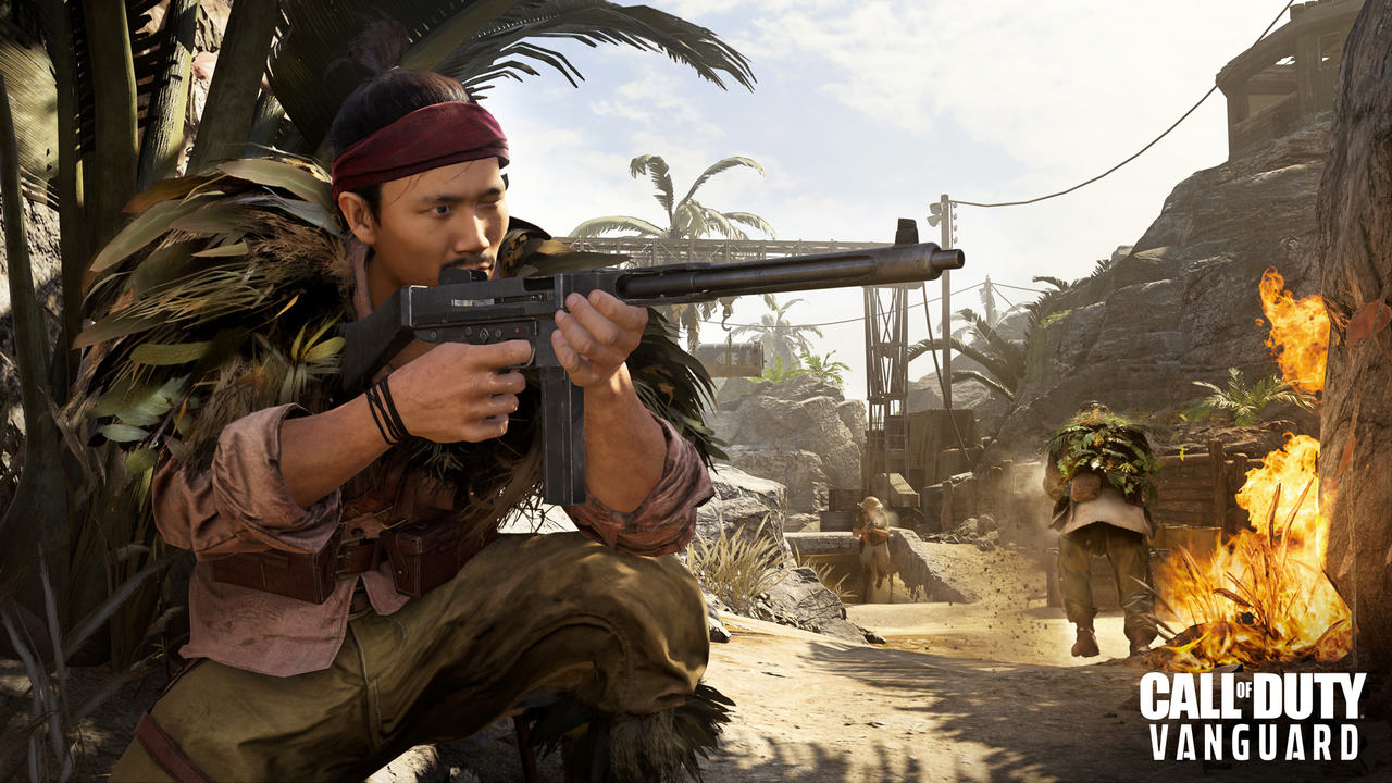 Imagem de capd jogo Call of Duty Vanguard com um soldado armado mirando em destaque