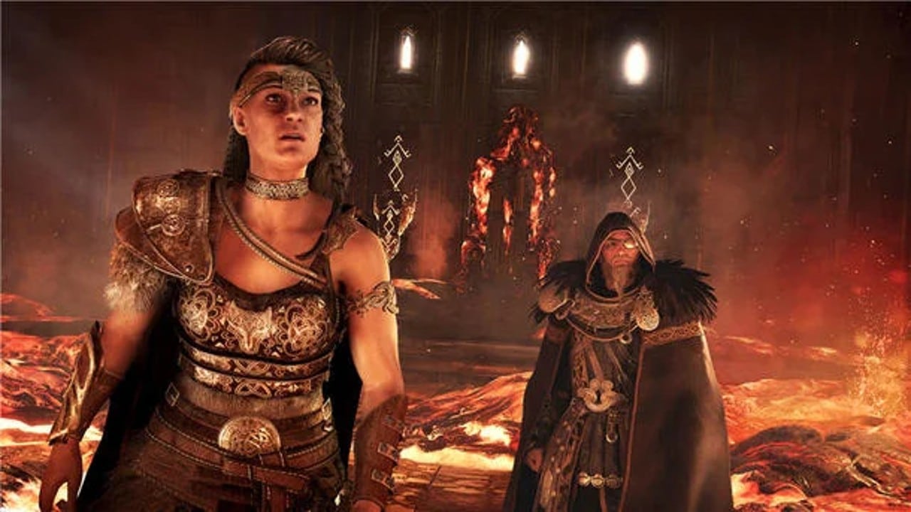 Assassin's Creed Valhalla - dawn of ragnarok - personagens no cenário em chamas