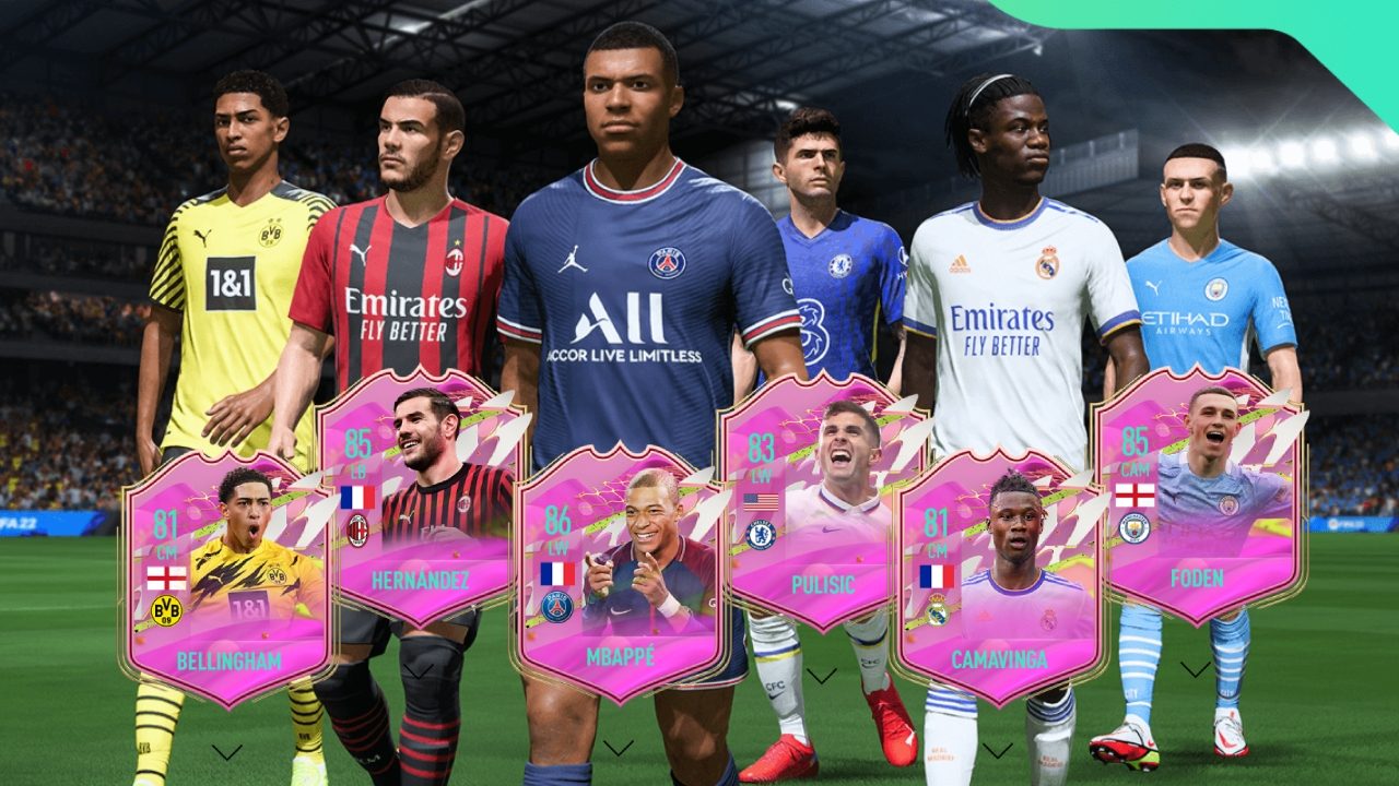 Imagem de capa do artigo de Cartas de Jogadores Next Generation de FIFA 22 com os seis atletas em destaque perfilados