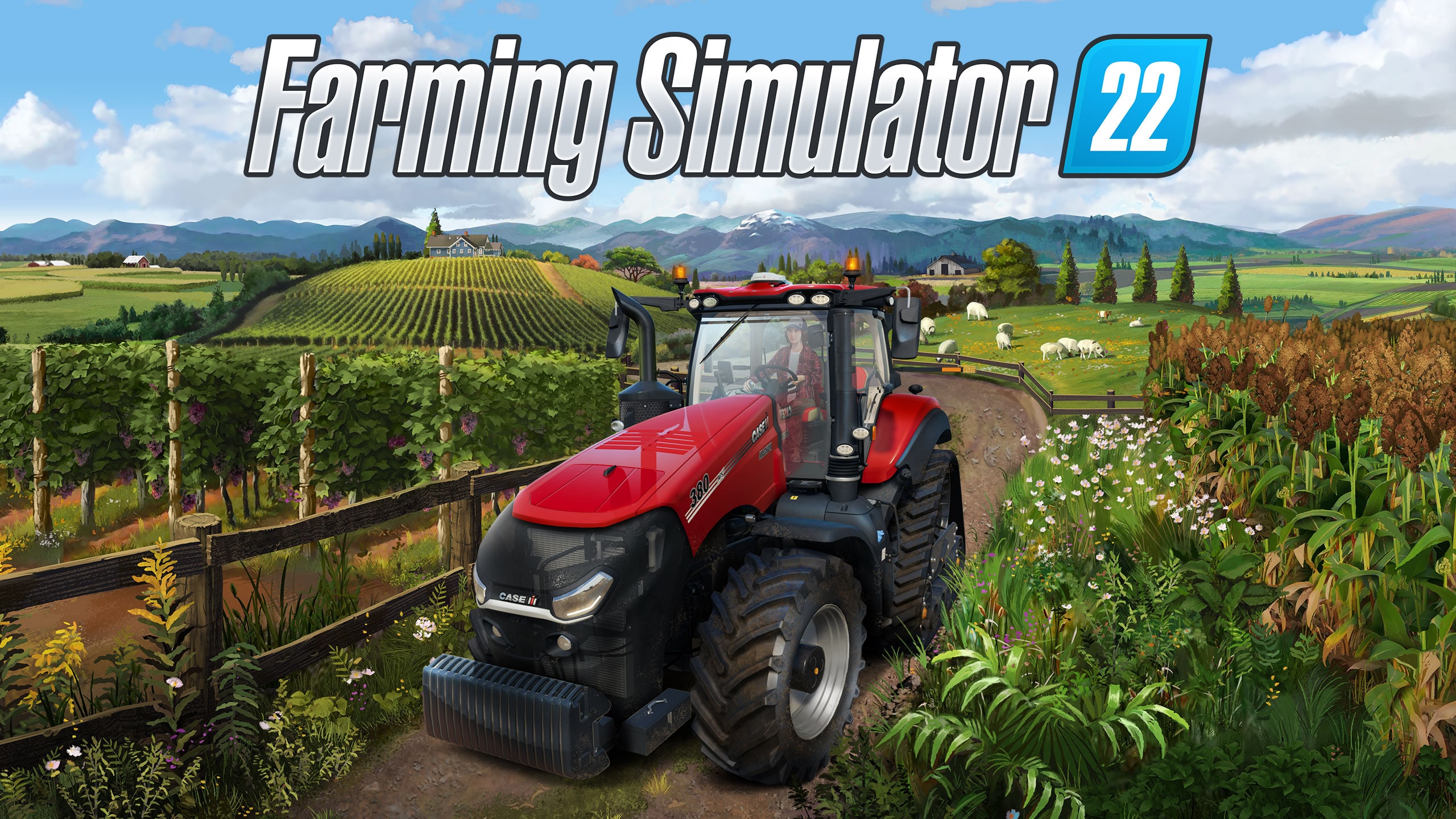 Cover image for Farming Simulator 22 with a silhouetted vehicle in harvest season