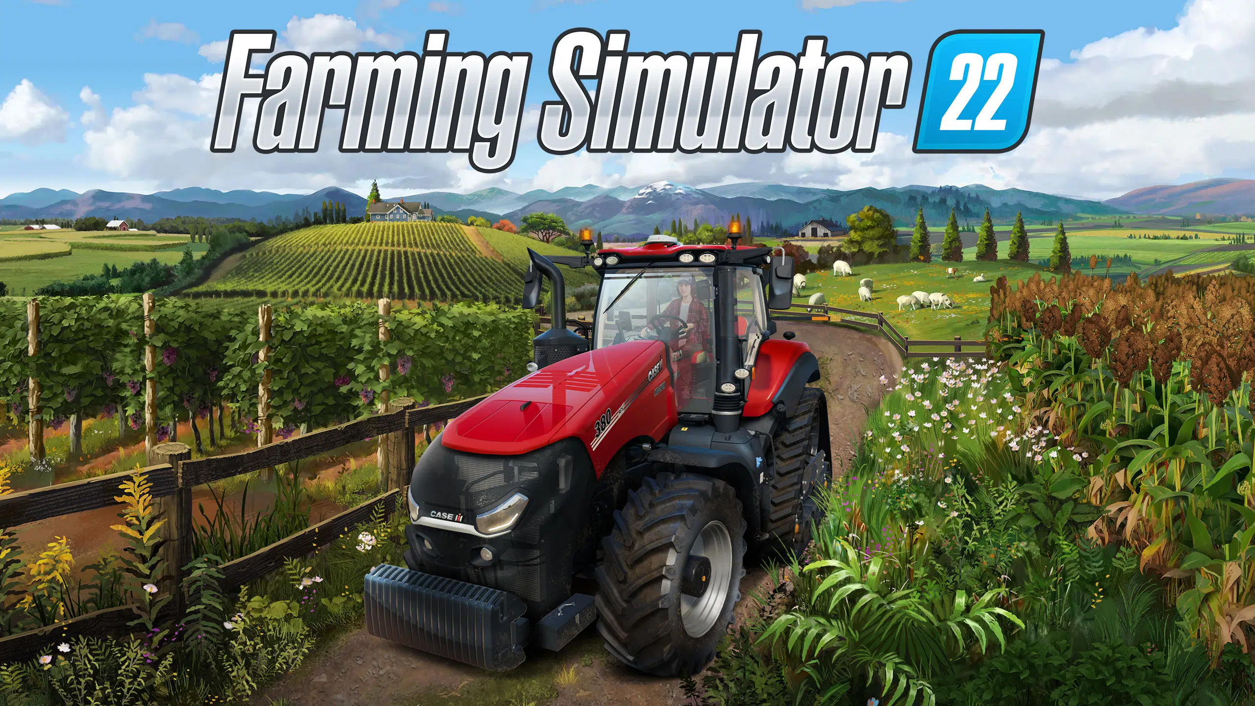 Imagem de capa do jogo Farming Simulator 22 com um veículos em destaque em uma colheita