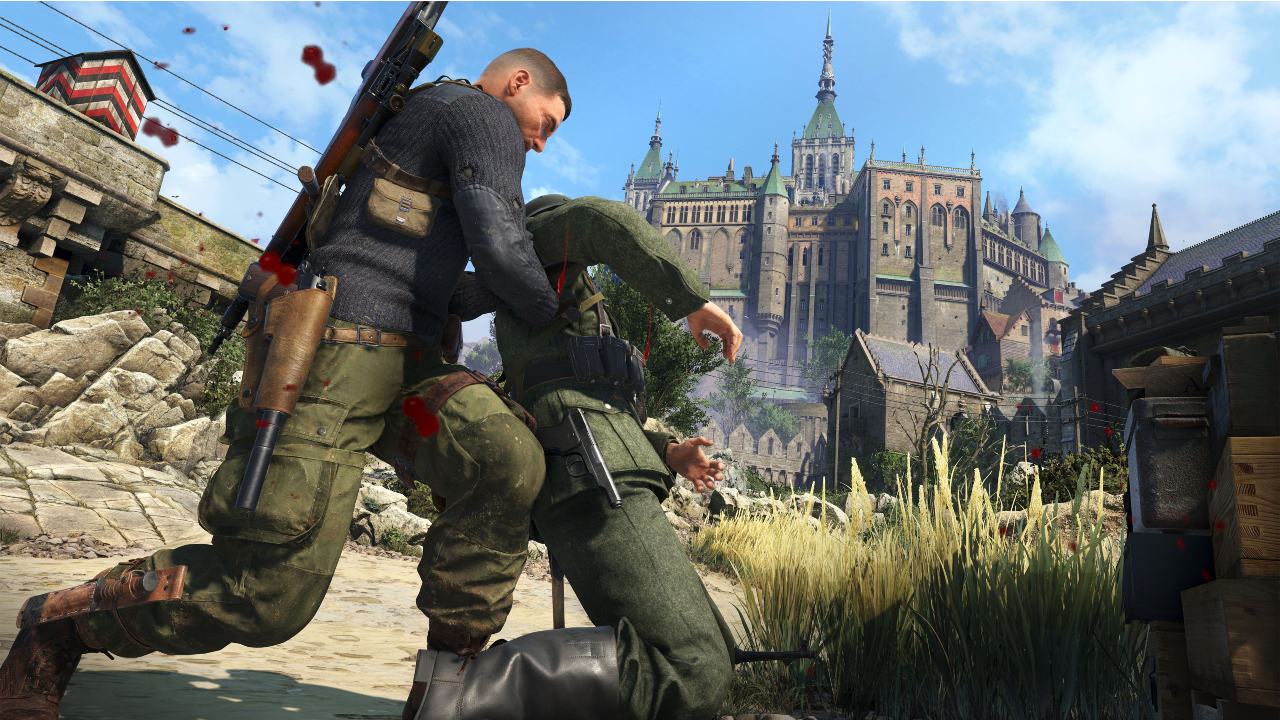Sniper Elite 5 - jogadores lutando em frente a um castelo