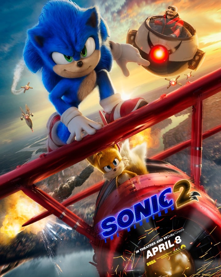 Pôster de Sonic the Hedgehog 2, com Sonic em cima de um avião pilotado por Tails e com Dr. Robotnik perseguindo-os.