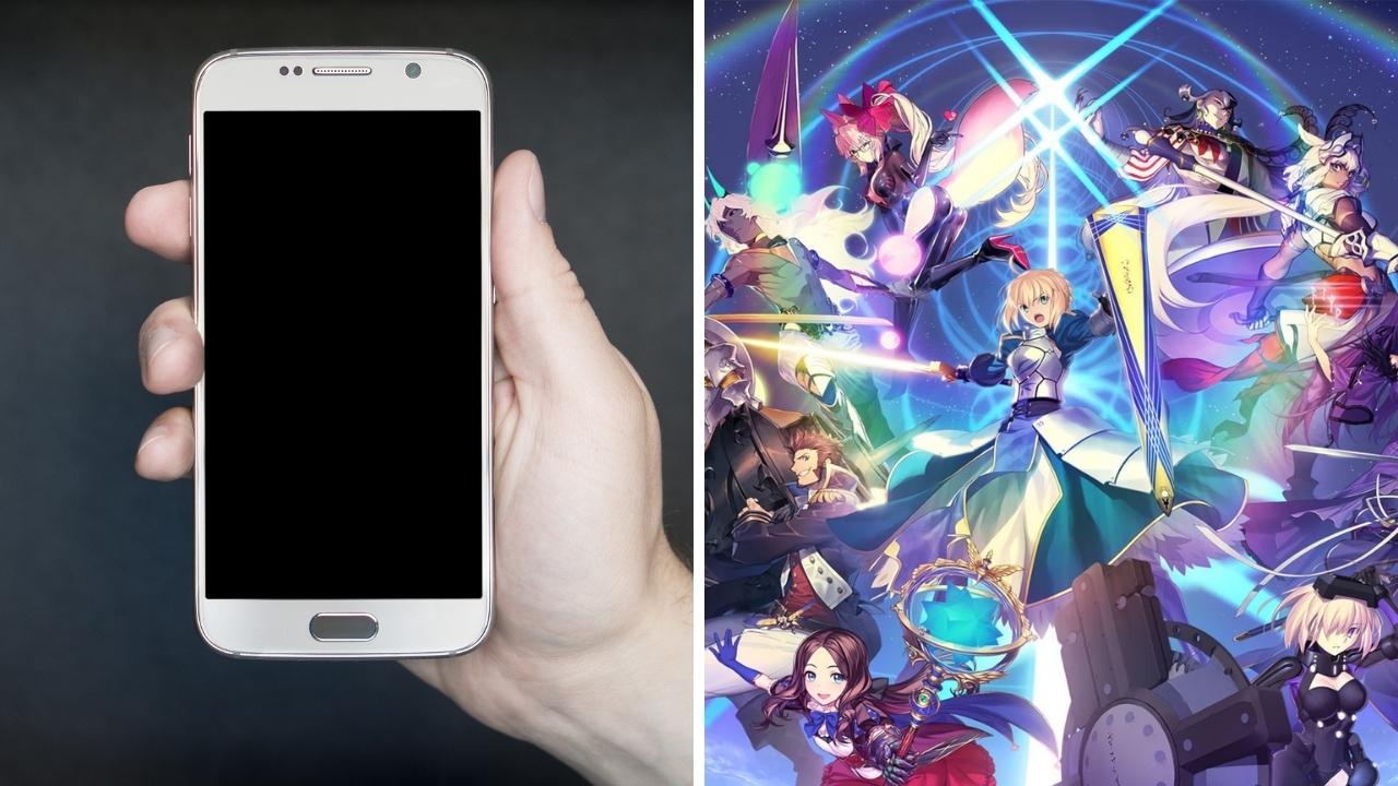 Imagem de capa do artigo da aquisição de estúdio da Sony com um celular à esquerda e o jogo Fate/Grand Order à direita
