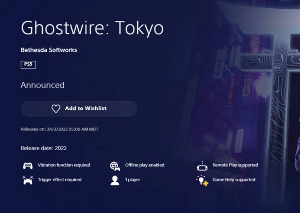 Página oficial de GhostWire Tokyo na PS Store.