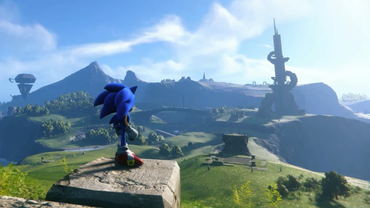 Imagem de capa do jogo Sonic Frontiers com o protagonistas de costas olhando para um mundo aberto