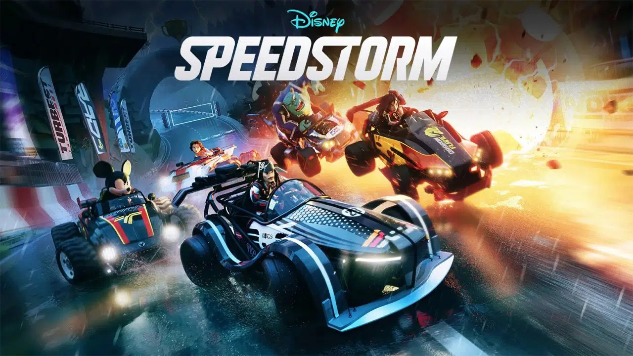 Disney Speedstorm - personagens disputando corrida com explosão