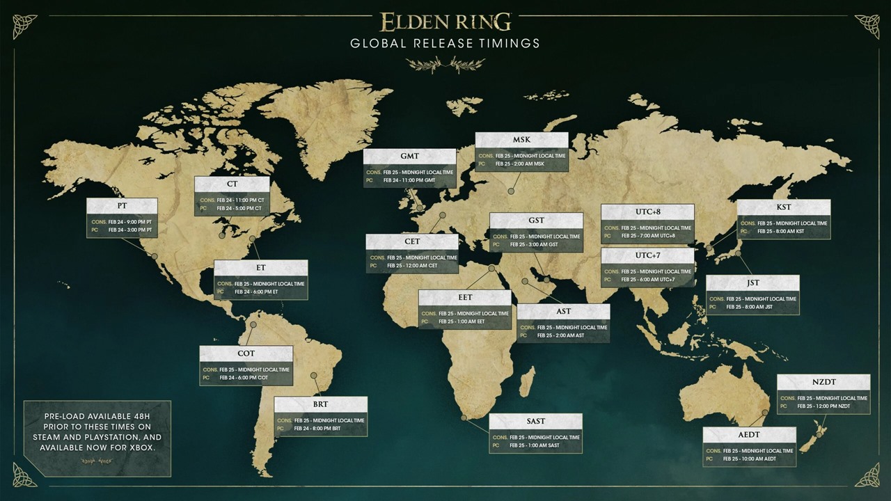Mapa com fuso horário de lançamento de Elden Ring.