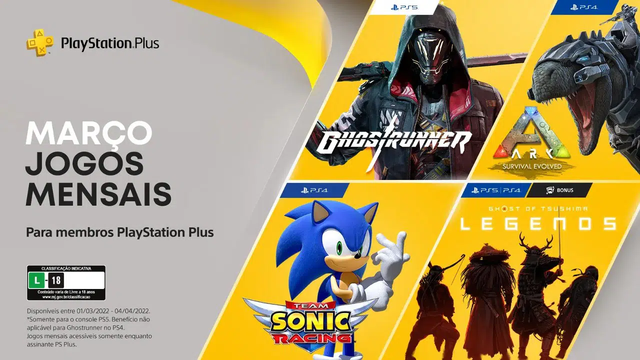 PS Plus de março tem Ghostrunner, Team Sonic Racing, Ark Survival Evolved e Ghost of Tsushima: Legends