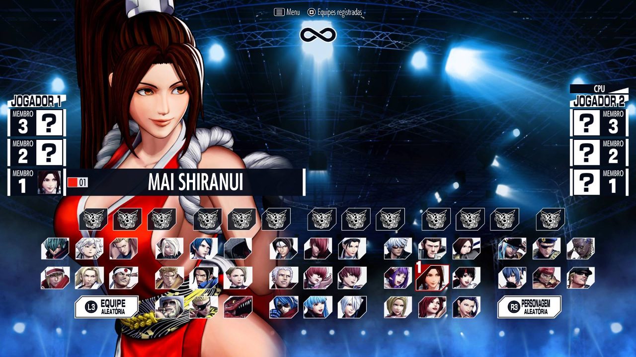 Mai Shiranui e a tela de seleção de lutadores em The King of Fighters XV